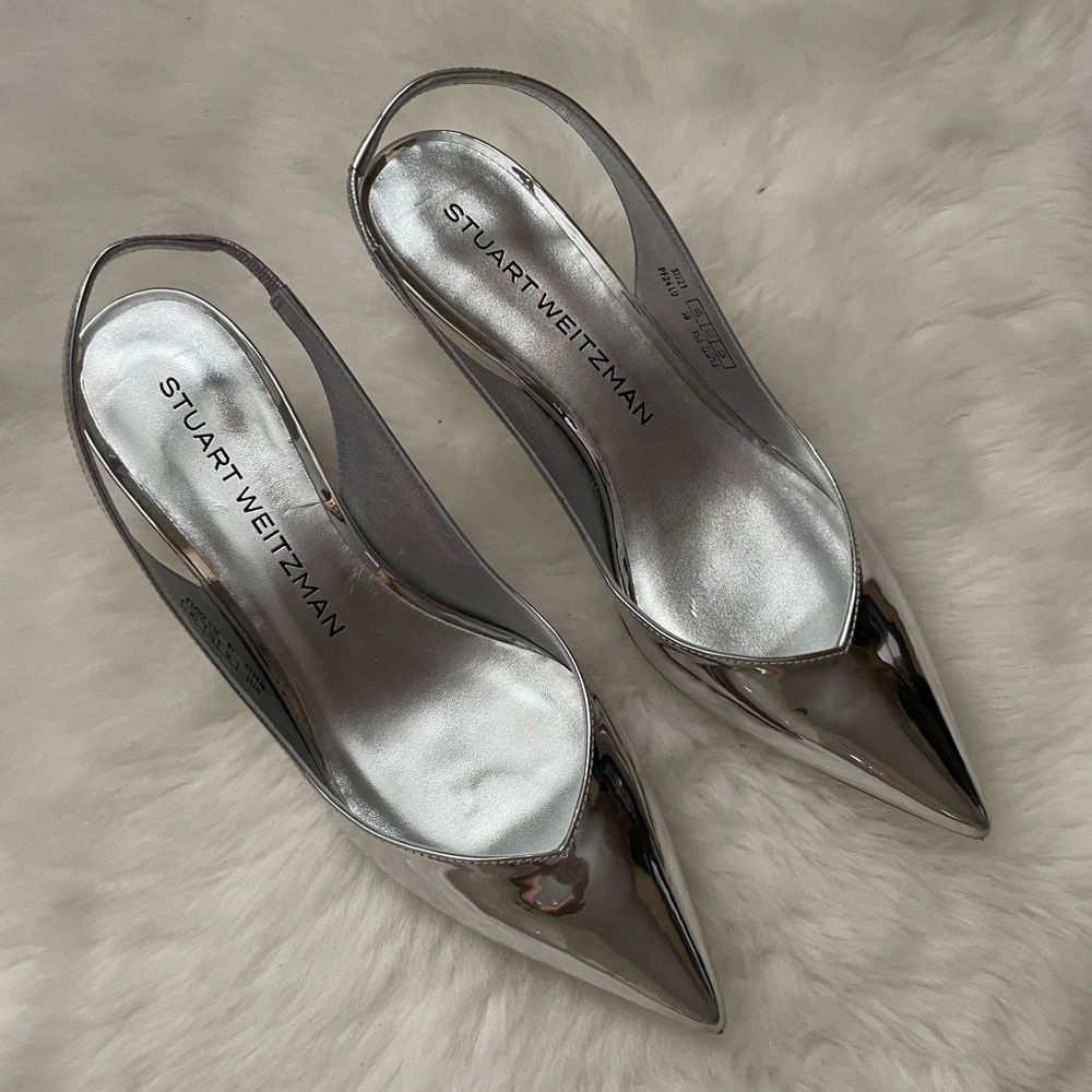 New! Stuart Weitzman Silver Slingback Heels - Picture 6 of 9